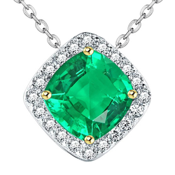 Cushion Shape Big Green Emerald Halo Pendant Necklace