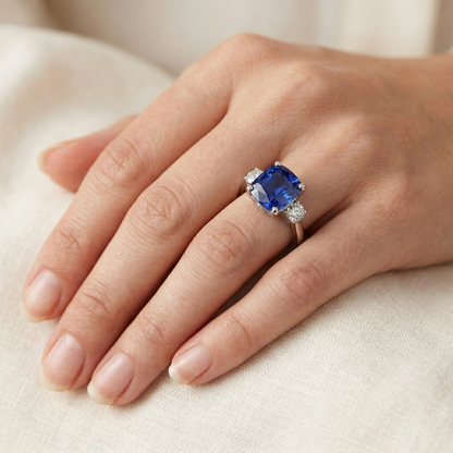 Cushion Sri Lankan Sapphire Natural Earth Mined Diamond 3 Stone Ring 2.75 Carats