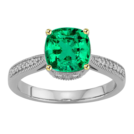 Cushion Green Emerald Ring With Diamonds