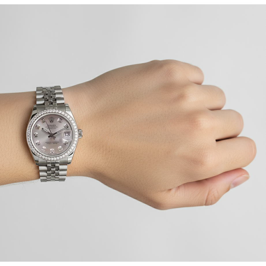 Custom Diamond Bezel Midsize Rolex Datejust Watch Ss 5 Carat