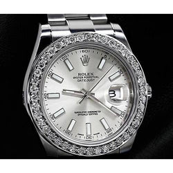 Custom Diamond Bezel Men Rolex Watch Silver Stick Dial Datejust Ii