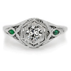 Custom Jewelry 3 Stone Ring Emerald & Diamond Old Cut