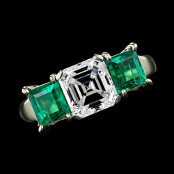 Custom Jewelry Asscher Diamond Emerald Ring 3 Stone