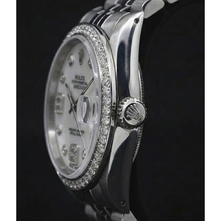 Custom Diamond Bezel Mop Dial Rolex date just Gents Watch Ss Bracelet QUICK SET