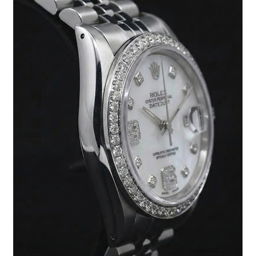 Custom Diamond Bezel Mop Dial Rolex date just Gents Watch Ss Bracelet QUICK SET