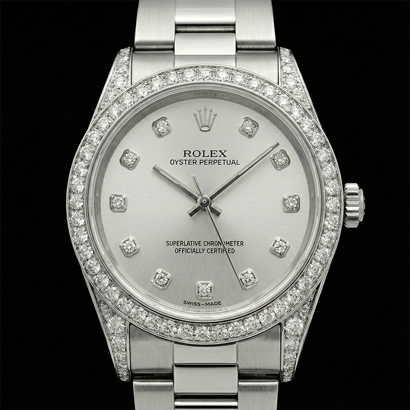 Custom Diamond Bezel Rolex Midsize No Date 31 Mm Watch Ss