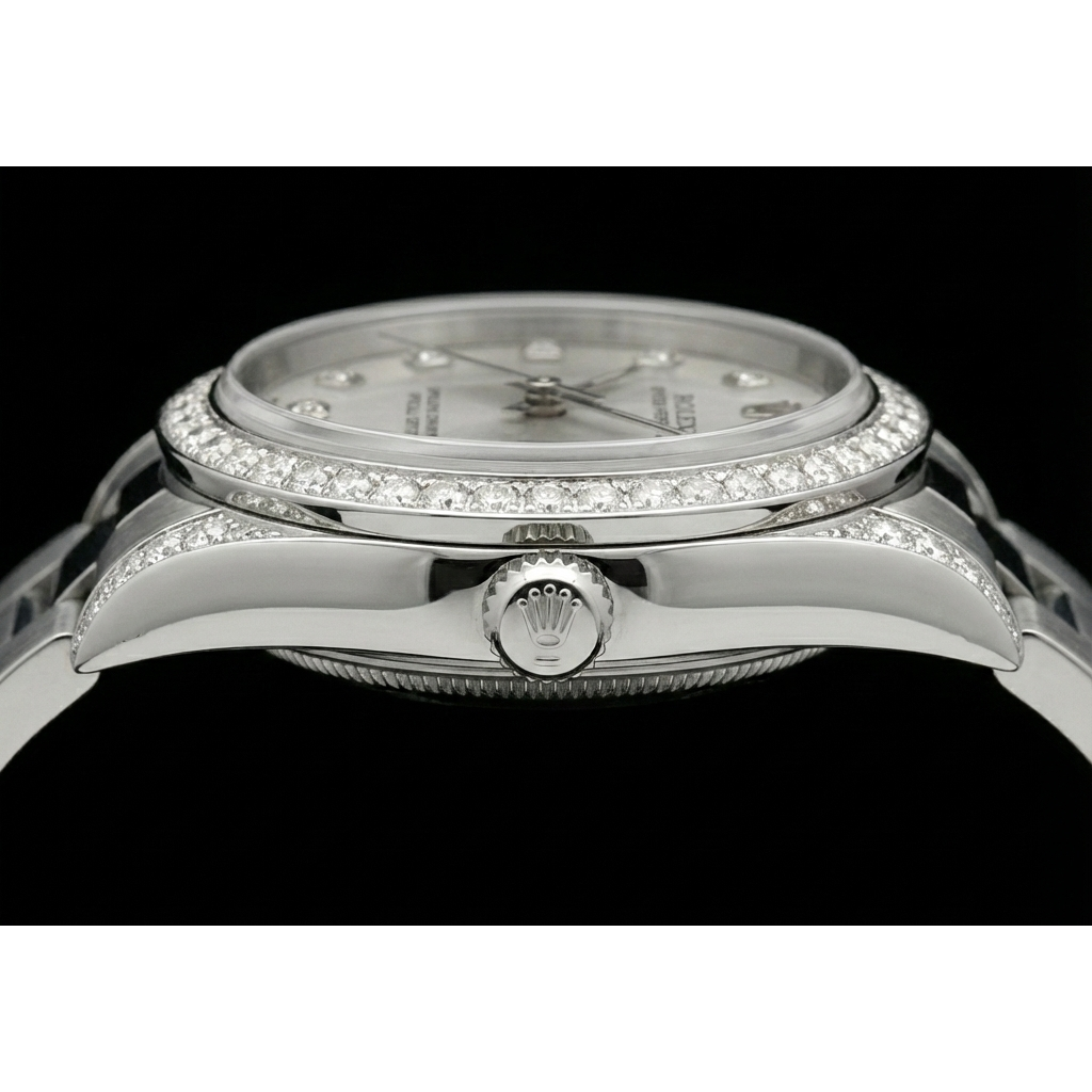 Custom Diamond Bezel Rolex Midsize No Date 31 Mm Watch Ss