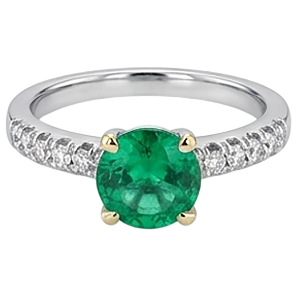 Natural Real ( Not Lab Grown ) Cute Green Emerald GIA Ring With Accents Two Tone Gold 14K