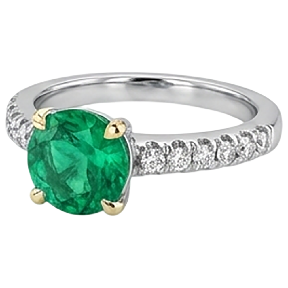 Natural Real ( Not Lab Grown ) Cute Green Emerald GIA Ring With Accents Two Tone Gold 14K