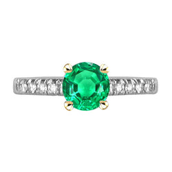 Natural Real ( Not Lab Grown ) Cute Green Emerald GIA Ring With Accents Two Tone Gold 14K
