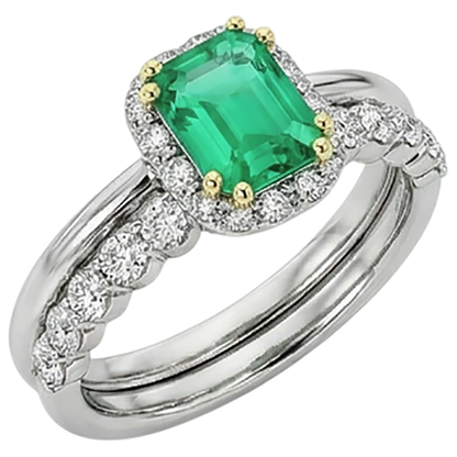 Natural Real ( Not Lab Grown ) Dainty Green Emerald GIA Halo Wedding Ring Set Diamond Jewelry