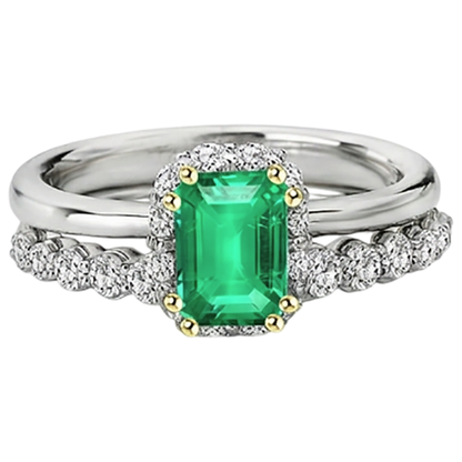 Natural Real ( Not Lab Grown ) Dainty Green Emerald GIA Halo Wedding Ring Set Diamond Jewelry