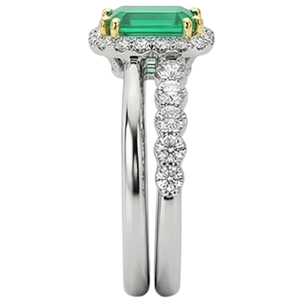 Natural Real ( Not Lab Grown ) Dainty Green Emerald GIA Halo Wedding Ring Set Diamond Jewelry