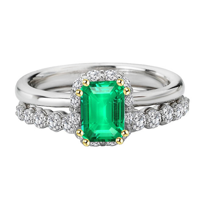 Dainty Green Emerald Halo Wedding Ring Set Diamond Jewelry
