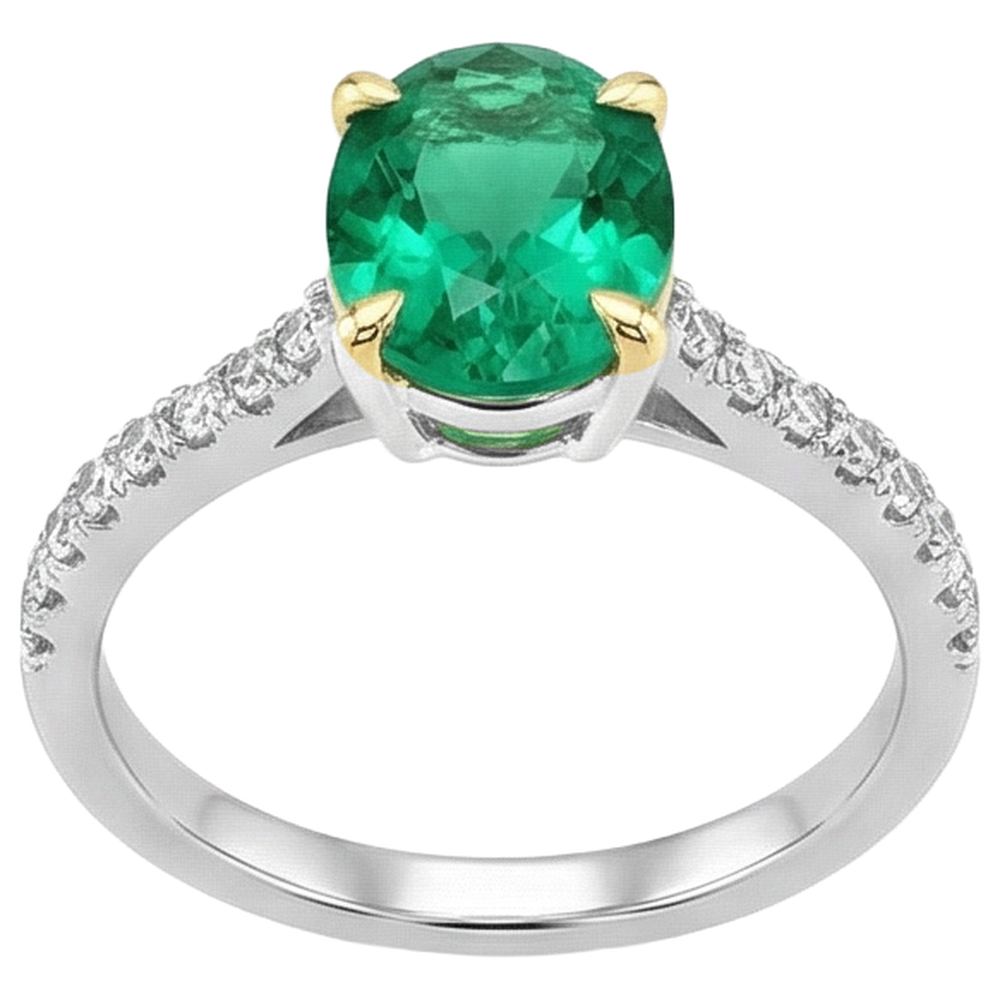 Natural Real ( Not Lab Grown ) Dainty Oval Green Emerald GIA Ring With Diamond Accents