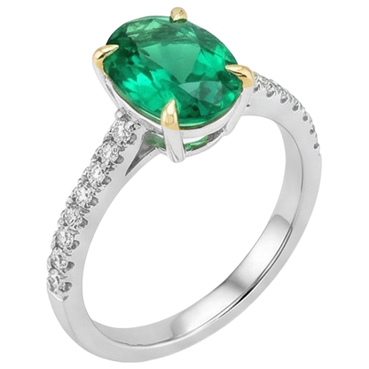 Natural Real ( Not Lab Grown ) Dainty Oval Green Emerald GIA Ring With Diamond Accents