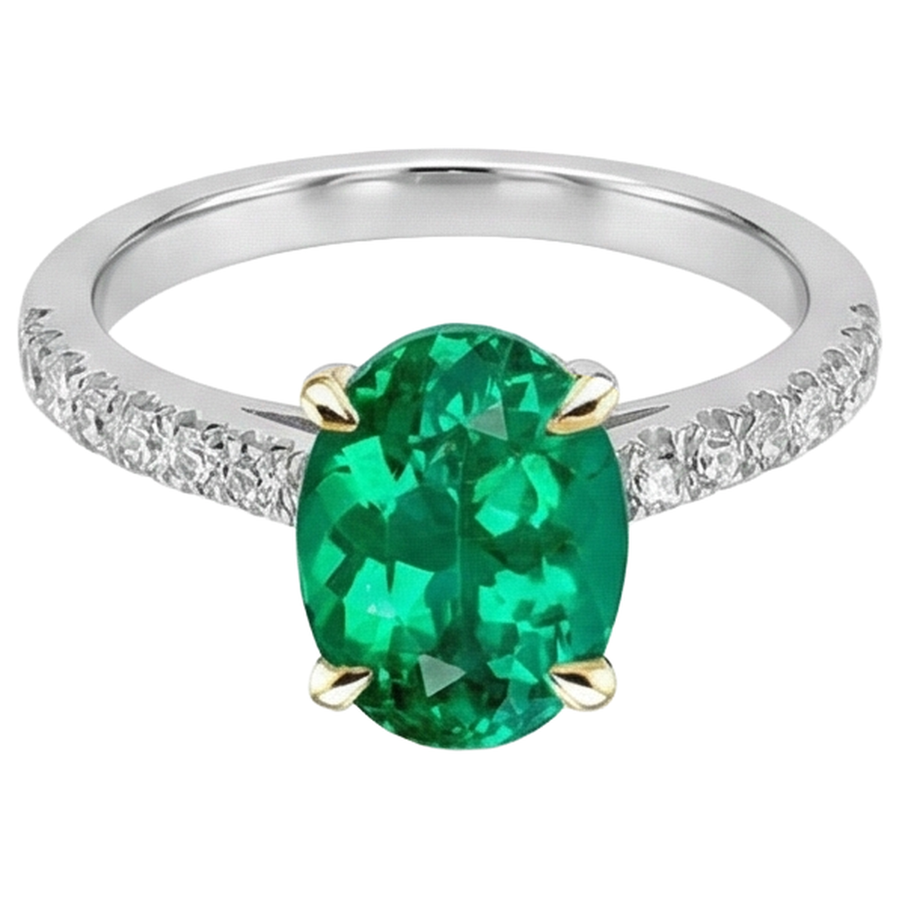 Natural Real ( Not Lab Grown ) Dainty Oval Green Emerald GIA Ring With Diamond Accents