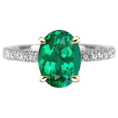 Natural Real ( Not Lab Grown ) Dainty Oval Green Emerald GIA Ring With Diamond Accents