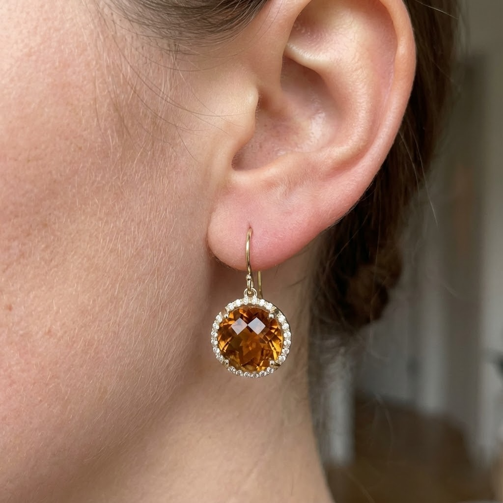 Dangle Earrings 30.48 Ct Madeira Citrine & Natural Earth Mined Diamonds Yellow Gold 14K