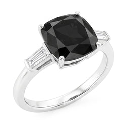 Dark Diamond Engagement Ring 3.6 Carat Real Cushion Black Baguette Three Stone 14K White Gold