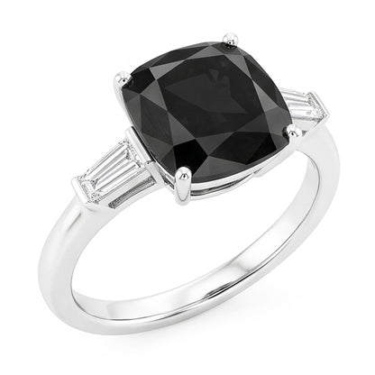 Dark Diamond Engagement Ring 3.6 Carat Real Cushion Black Baguette Three Stone 14K White Gold