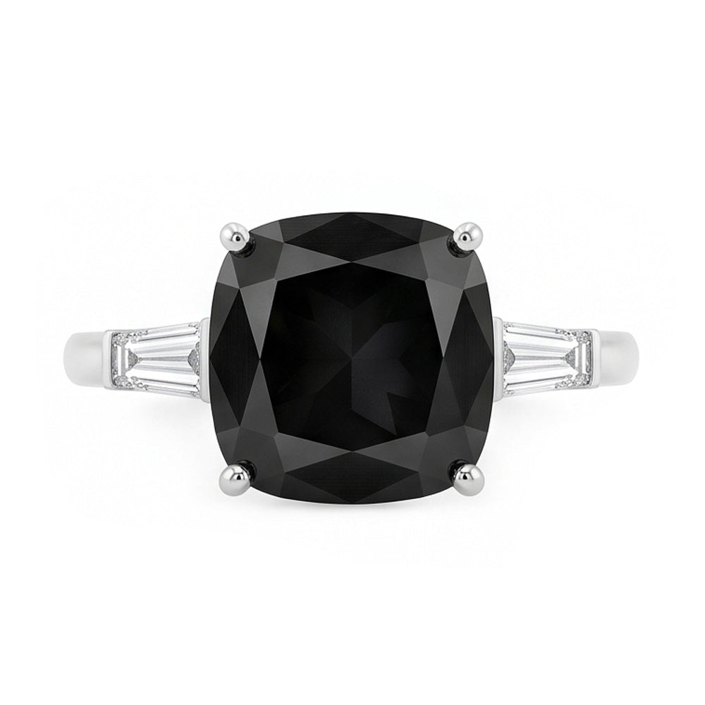 Dark Diamond Engagement Ring 3.6 Carat Real Cushion Black Baguette Three Stone 14K White Gold