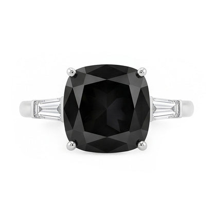 Dark Diamond Engagement Ring 3.6 Carat Real Cushion Black Baguette Three Stone 14K White Gold