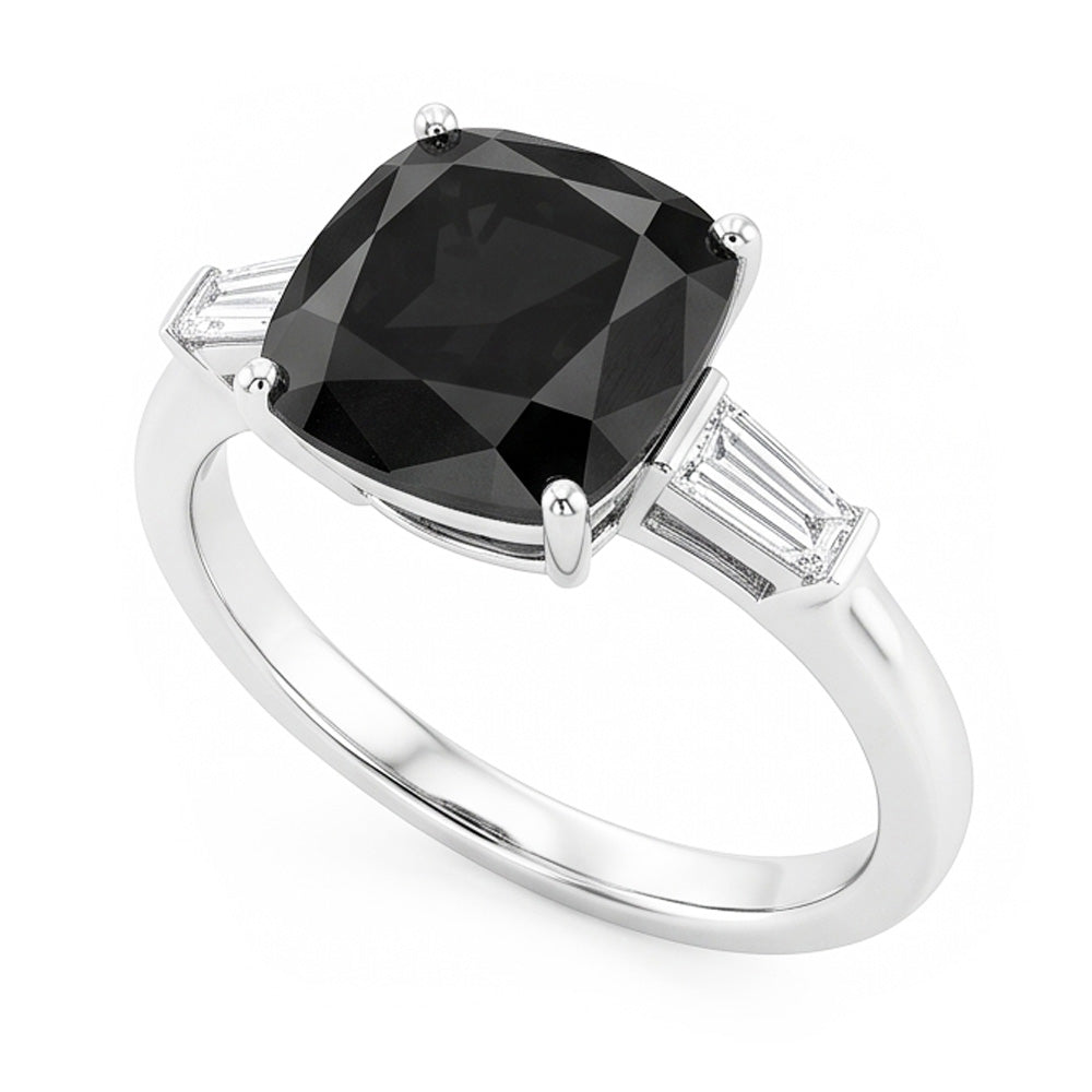 Dark Diamond Engagement Ring 3.6 Carat Real Cushion Black Baguette Three Stone 14K White Gold
