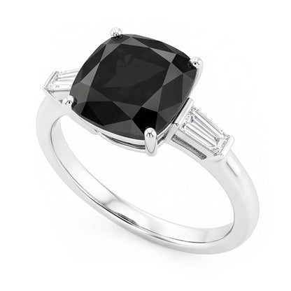 Dark Diamond Engagement Ring 3.6 Carat Real Cushion Black Baguette Three Stone 14K White Gold