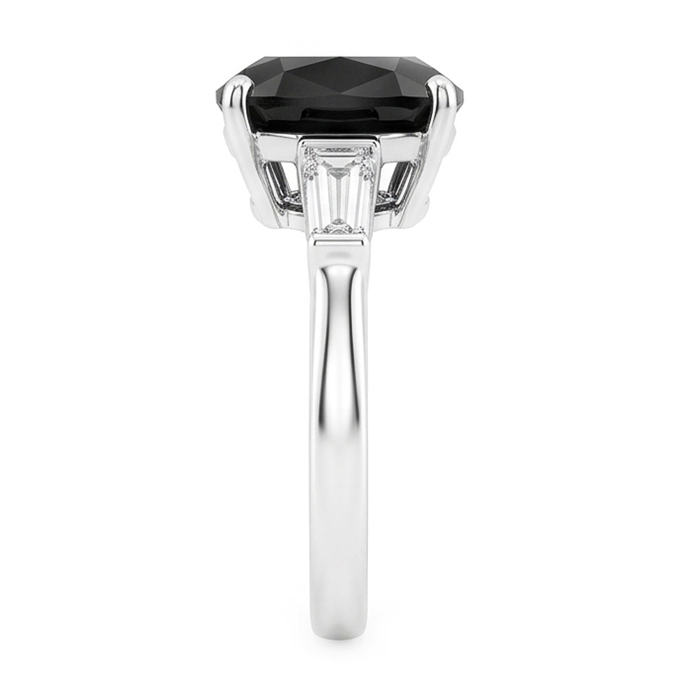 Dark Diamond Engagement Ring 3.6 Carat Real Cushion Black Baguette Three Stone 14K White Gold