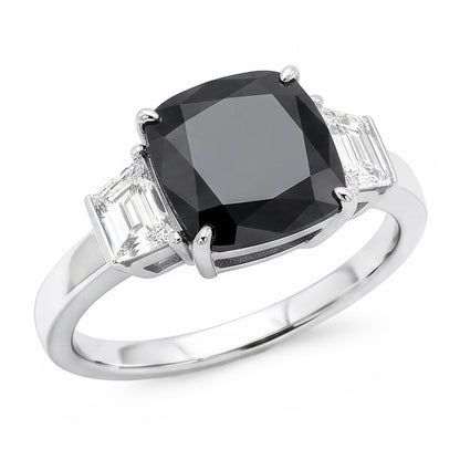 Dark Diamond Engagement Ring 4.6 Carat Real Cushion Black Trapezoid Three Stone 14K White Gold