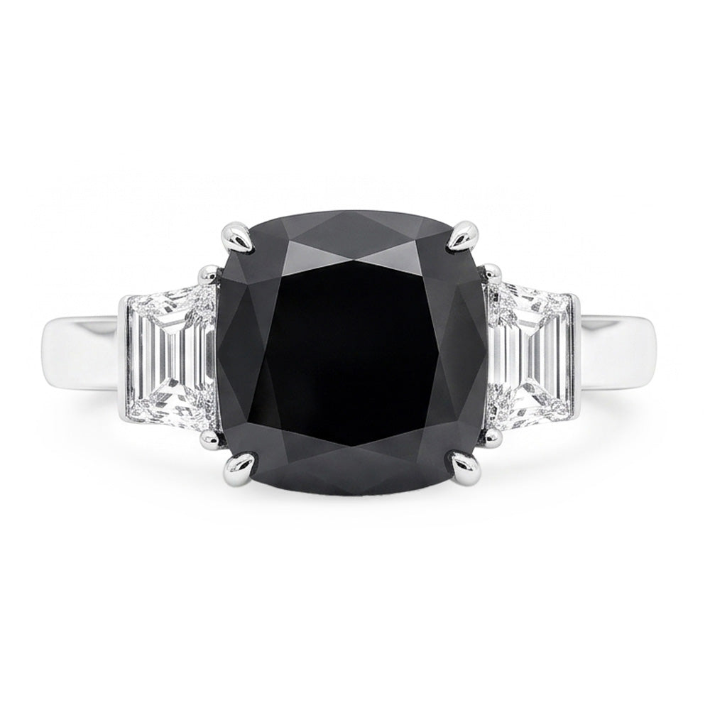 Dark Diamond Engagement Ring 4.6 Carat Real Cushion Black Trapezoid Three Stone 14K White Gold