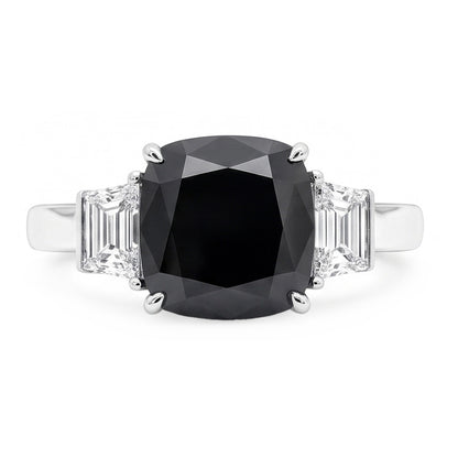 Dark Diamond Engagement Ring 4.6 Carat Real Cushion Black Trapezoid Three Stone 14K White Gold