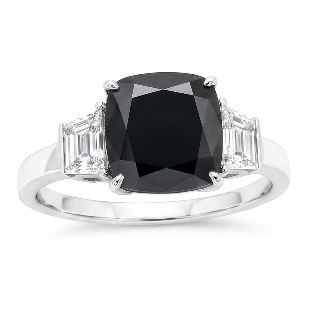 Dark Diamond Engagement Ring 4.6 Carat Real Cushion Black Trapezoid Three Stone 14K White Gold