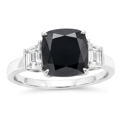 Dark Diamond Engagement Ring 4.6 Carat Real Cushion Black Trapezoid Three Stone 14K White Gold