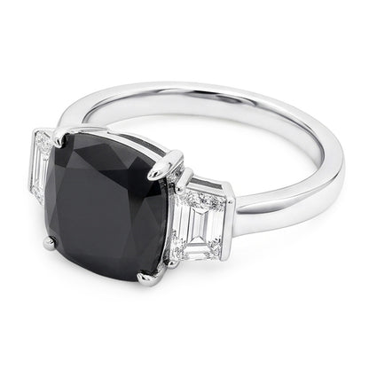 Dark Diamond Engagement Ring 4.6 Carat Real Cushion Black Trapezoid Three Stone 14K White Gold