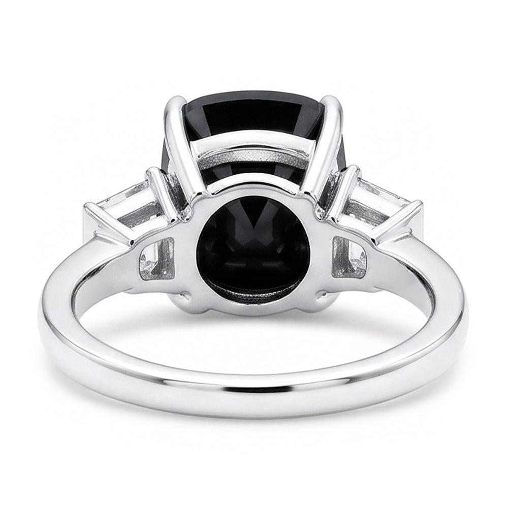 Dark Diamond Engagement Ring 4.6 Carat Real Cushion Black Trapezoid Three Stone 14K White Gold