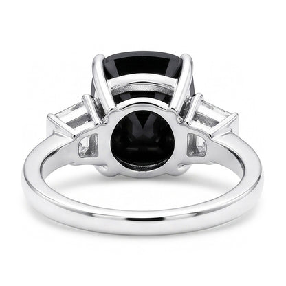 Dark Diamond Engagement Ring 4.6 Carat Real Cushion Black Trapezoid Three Stone 14K White Gold