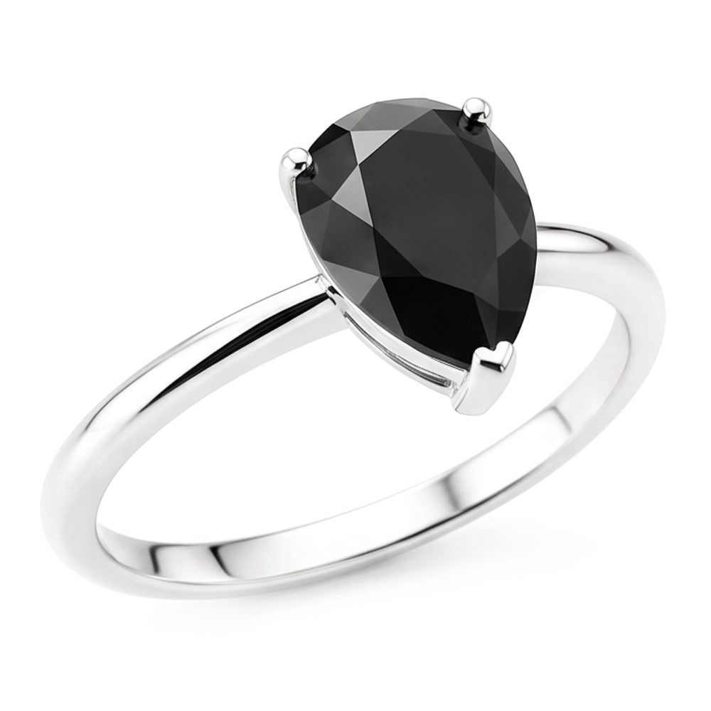 Dark Diamond Engagement Ring 5 Carat Real Pear Black Solitaire Tapered 14K White Gold