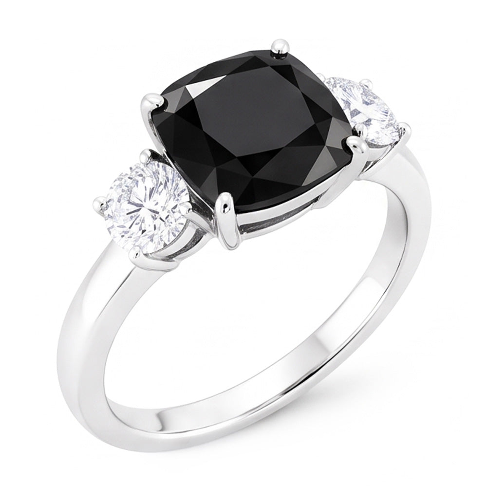 Dark Diamond Engagement Ring 6 Carat Genuine Cushion Black Three Stone 14K White Gold