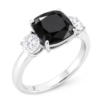 Dark Diamond Engagement Ring 6 Carat Genuine Cushion Black Three Stone 14K White Gold