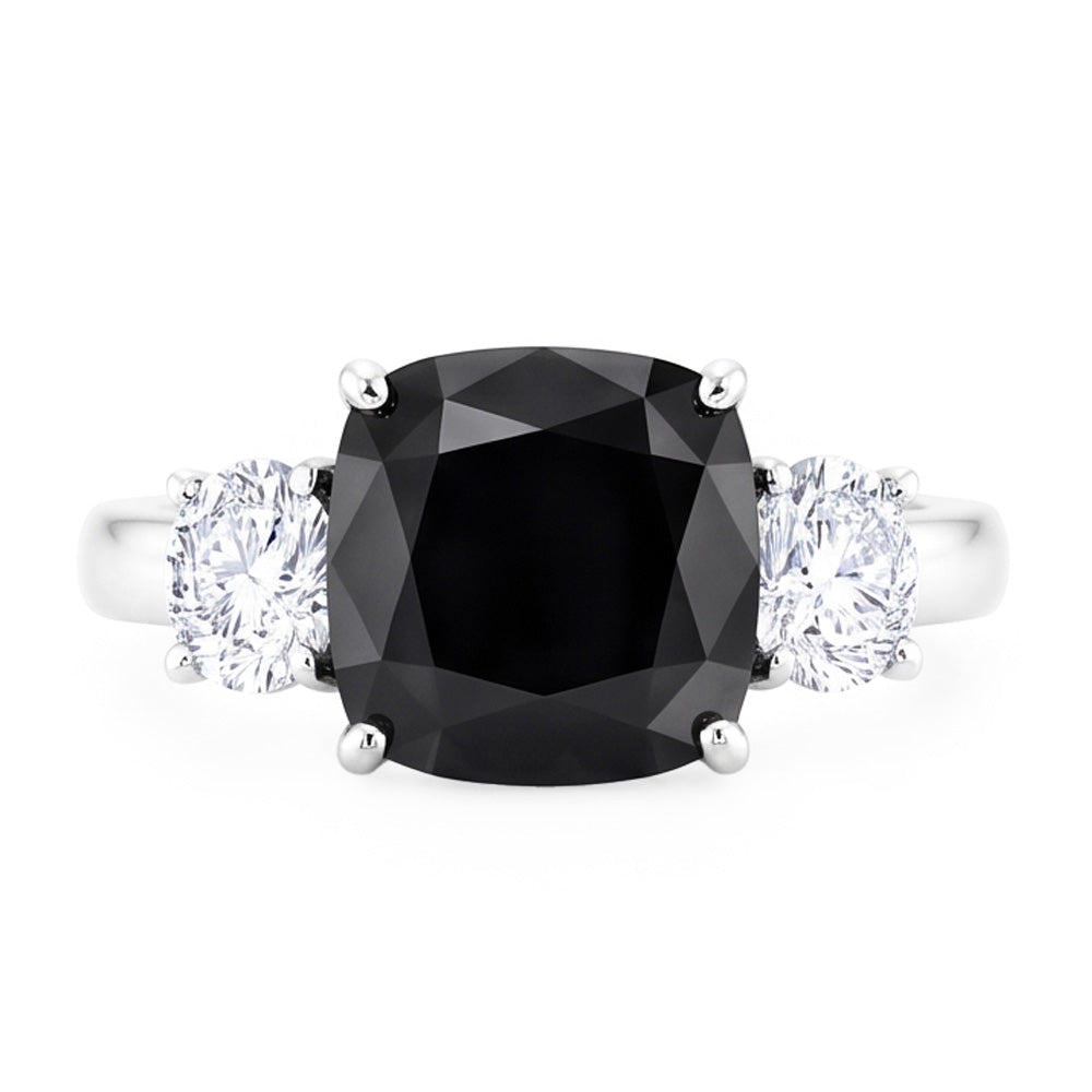Dark Diamond Engagement Ring 6 Carat Genuine Cushion Black Three Stone 14K White Gold
