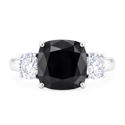 Dark Diamond Engagement Ring 6 Carat Genuine Cushion Black Three Stone 14K White Gold