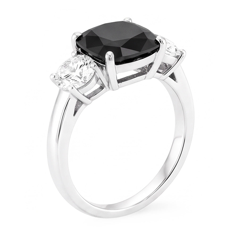 Dark Diamond Engagement Ring 6 Carat Genuine Cushion Black Three Stone 14K White Gold