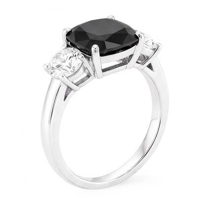 Dark Diamond Engagement Ring 6 Carat Genuine Cushion Black Three Stone 14K White Gold