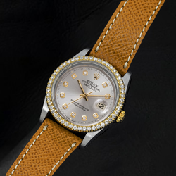 Datejust 16013 Rolex 36mm Silver Diamond Dial Leather Strap Watch