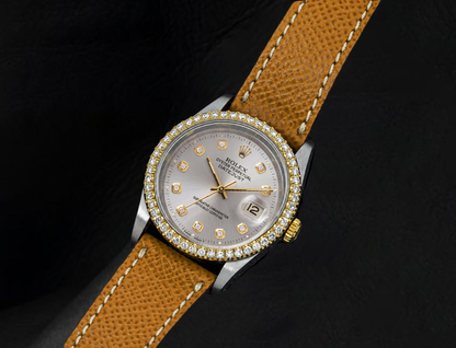 Datejust 16013 Rolex 36mm Silver Diamond Dial Leather Strap Watch