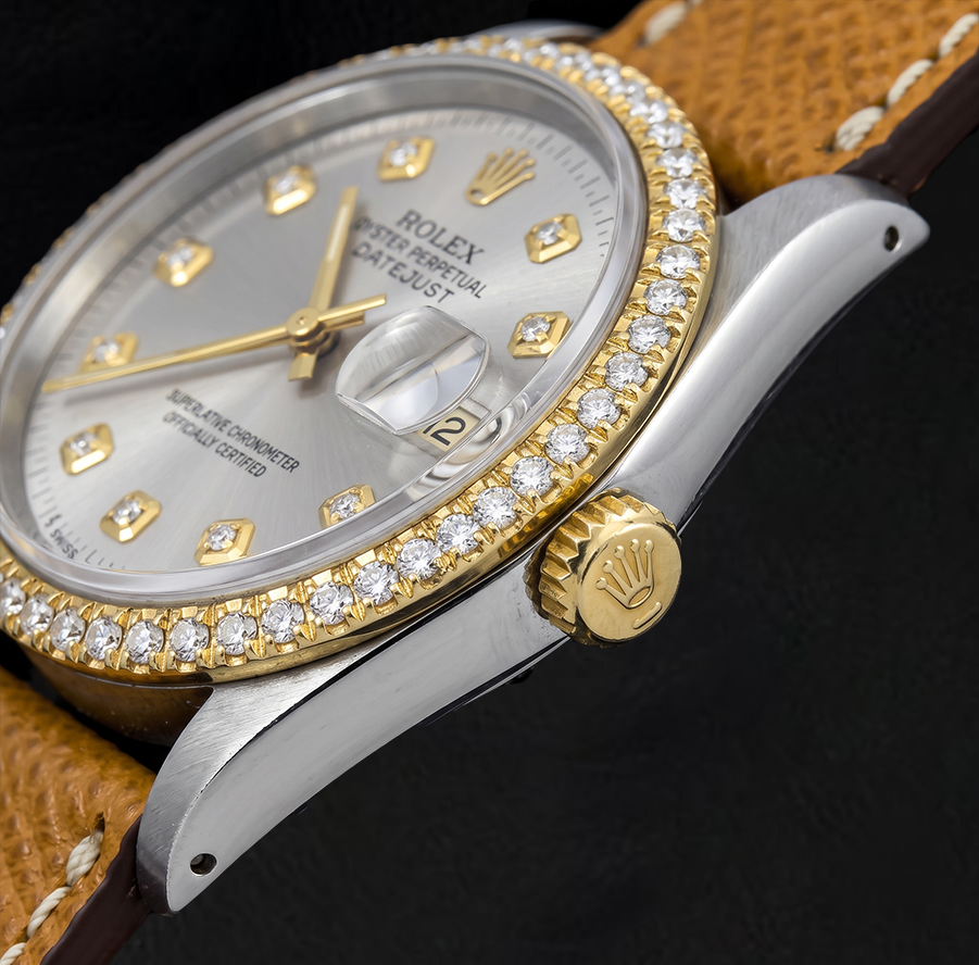 Datejust 16013 Rolex 36mm Silver Diamond Dial Leather Strap Watch