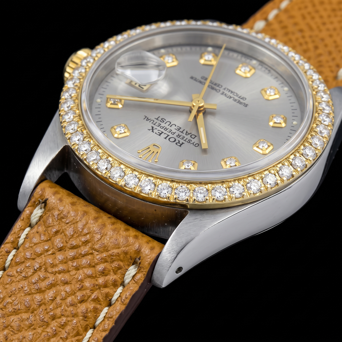 Datejust 16013 Rolex 36mm Silver Diamond Dial Leather Strap Watch