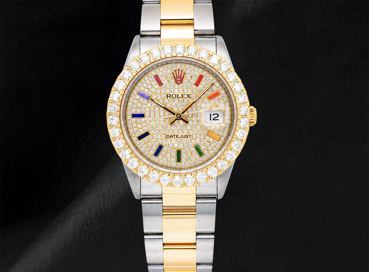 Datejust 16013 Rolex Diamond Paved Rainbow Hour Dial 36mm Watch Two Tone